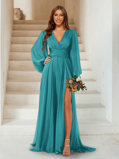 A-Line/Princess V-Neck Long Sleeves Floor Length Bridesmaid Dresses with Split Side