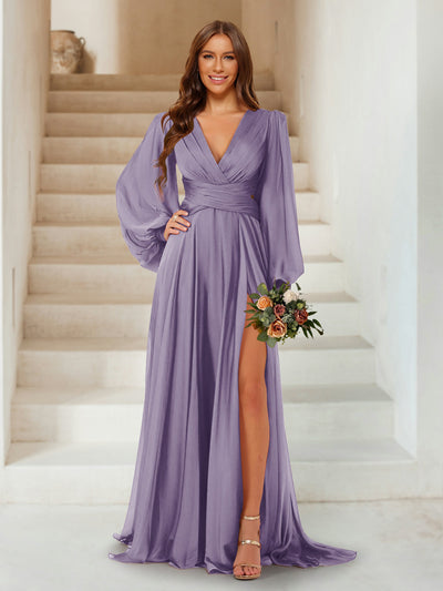 A-Line/Princess V-Neck Long Sleeves Floor Length Bridesmaid Dresses with Split Side