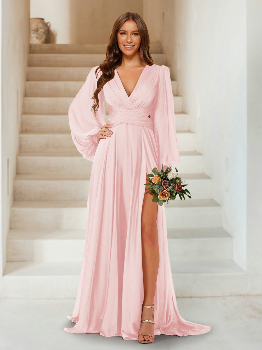 A-Line/Princess V-Neck Long Sleeves Floor Length Bridesmaid Dresses with Split Side