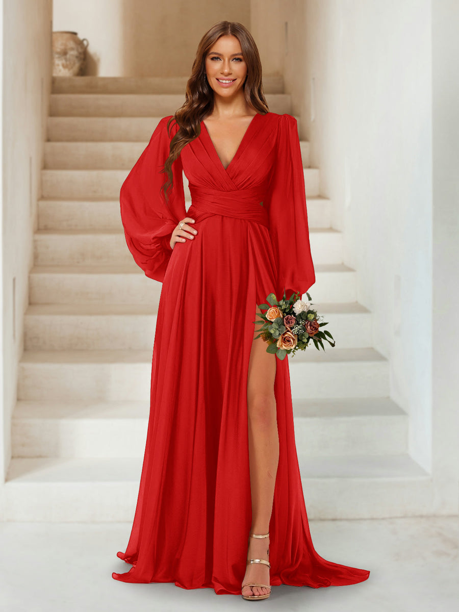 A-Line/Princess V-Neck Long Sleeves Floor Length Bridesmaid Dresses with Split Side