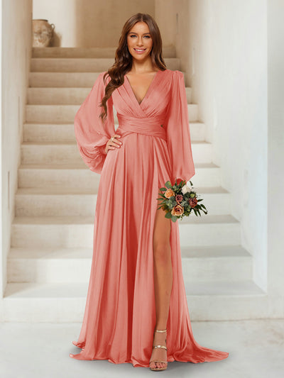 A-Line/Princess V-Neck Long Sleeves Floor Length Bridesmaid Dresses with Split Side