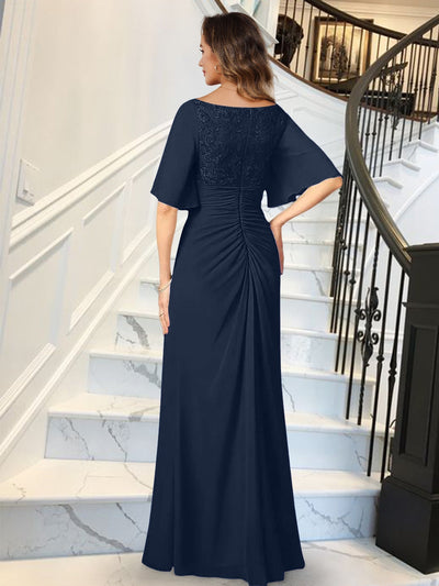 Sheath/Column V-Neck Half Sleeves Ruched Long Formal Evening Dresses with Ruffles