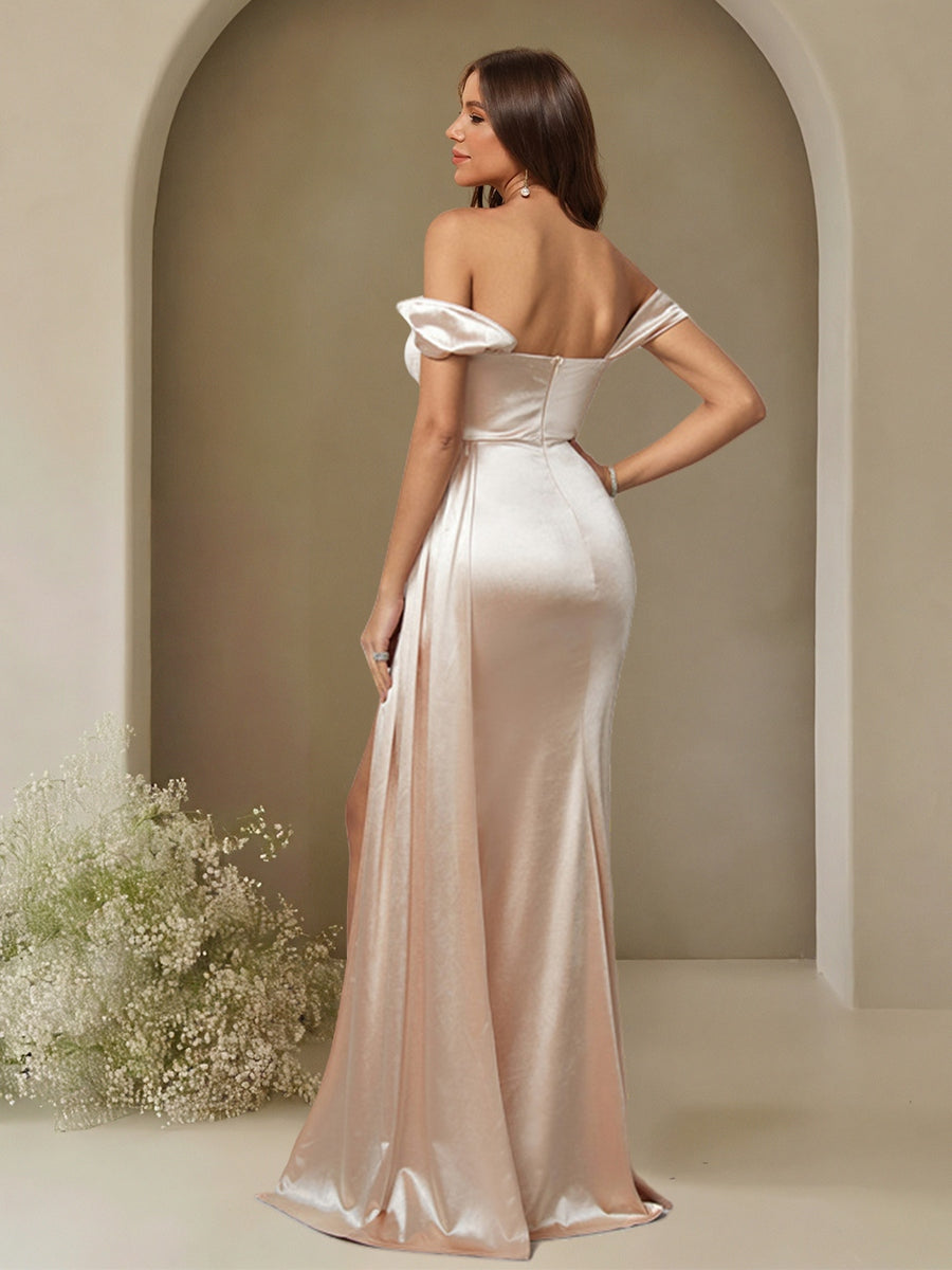 Sheath/Column Off-the-Shoulder Sleeveless Ruched Bridesmaid Dresses with Side Slit