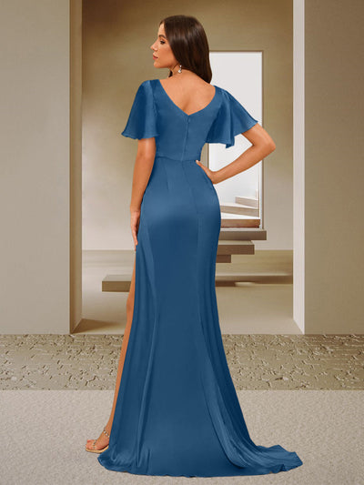 Trumpet/Mermaid V-Neck Short Sleeves Ruched Bridesmaid Dresses with Split Side & Ruffles