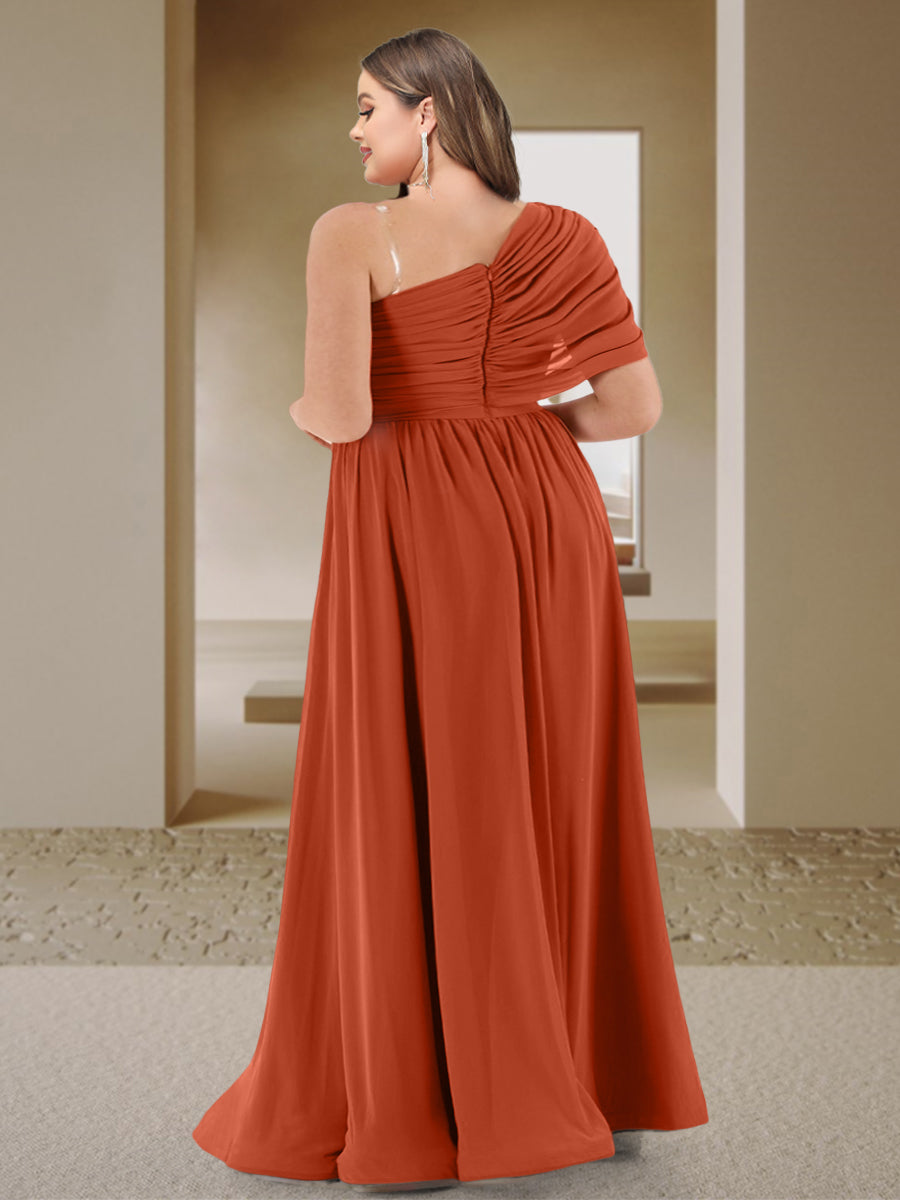 A-Line/Princess One-Shoulder Ruched Satin Plus Size Bridesmaid Dresses with Side Slit