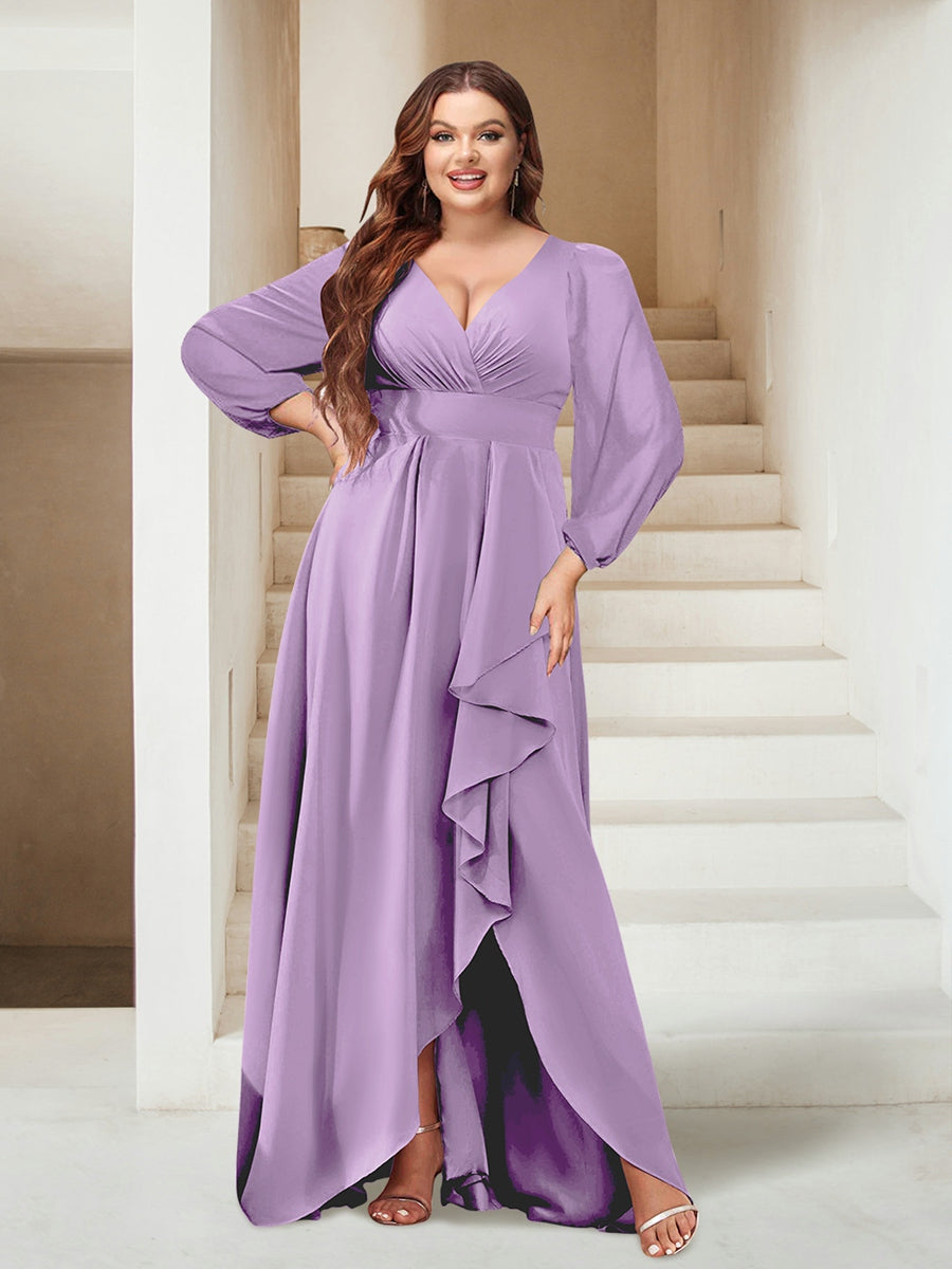 A-Line/Princess V-Neck Asymmetrical Plus Size Bridesmaid Dresses with Split Side