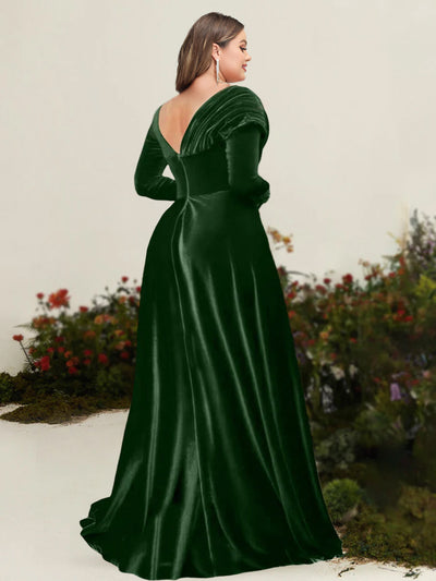 A-Line/Princess Asymmetrical Long Sleeves Pleated Velvet Plus Size Mother Of the Bride Dresses