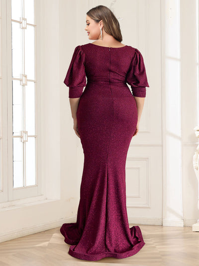 Trumpet/Mermaid V-Neck 3/4 Sleeves Ruffled Plus Size Mother of the Bride Dresses with Split Side