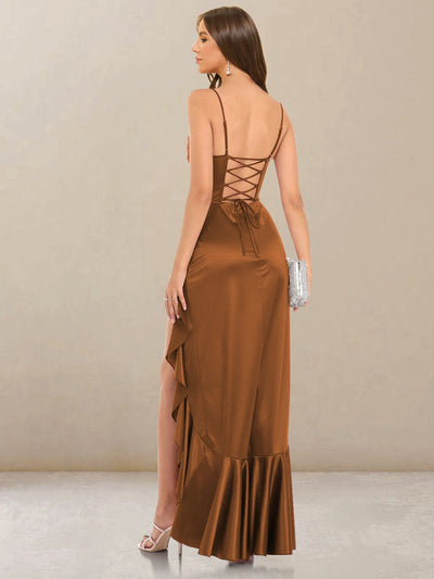 Sheath/Column Cowl Neck Straps Long Bridesmaid Dresses with Ruffles