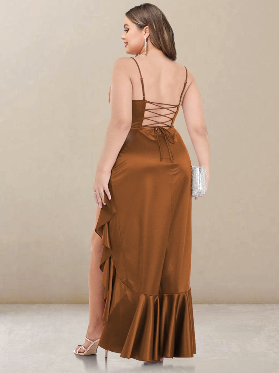 Sheath/Column Cowl Neck Straps Long Plus Size Bridesmaid Dresses with Ruffles