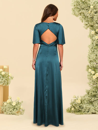 A-Line/Princess Silk Satin V-Neck Floor-Length Bridesmaid Dresses With Split Side