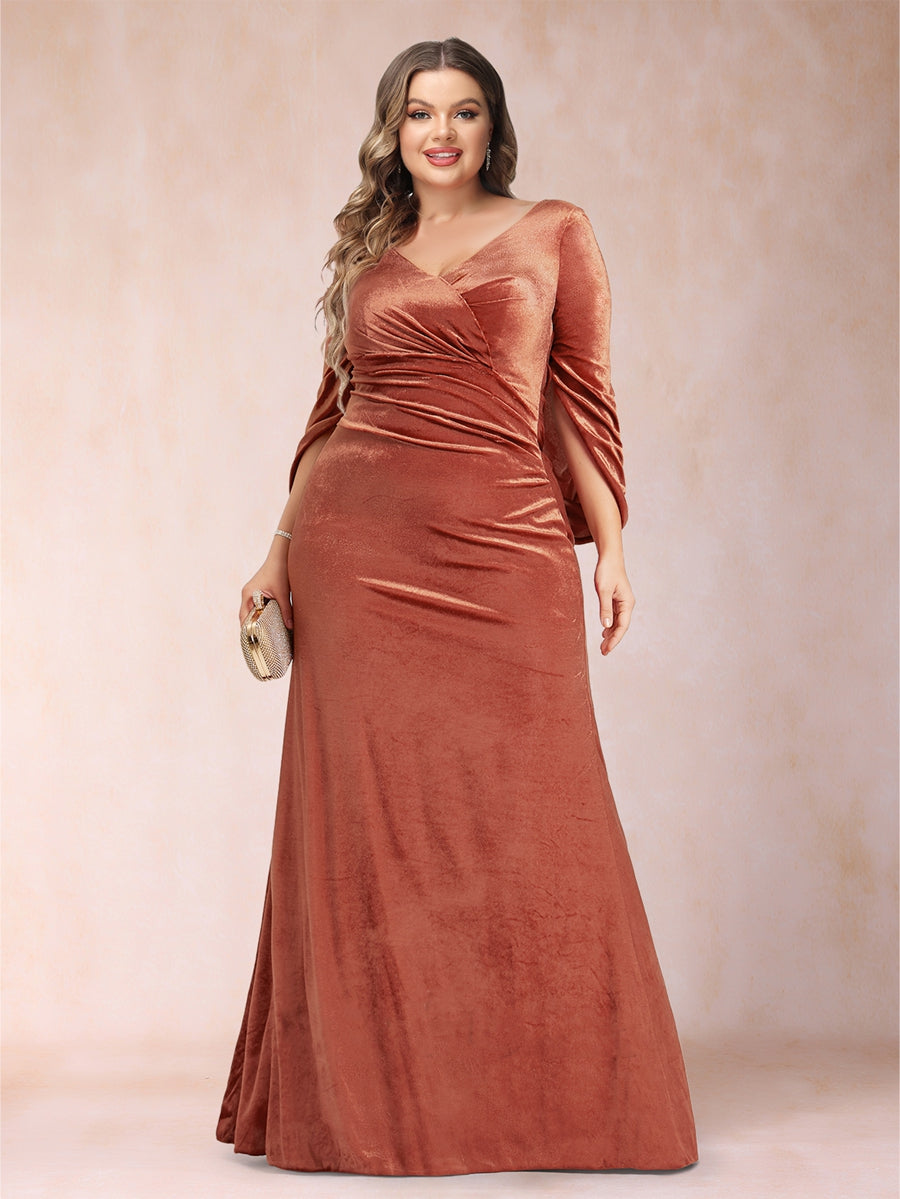 Trumpet/Mermaid V-Neck Half Sleeves Floor-Length Plus Size Mother of the Bride Dresses