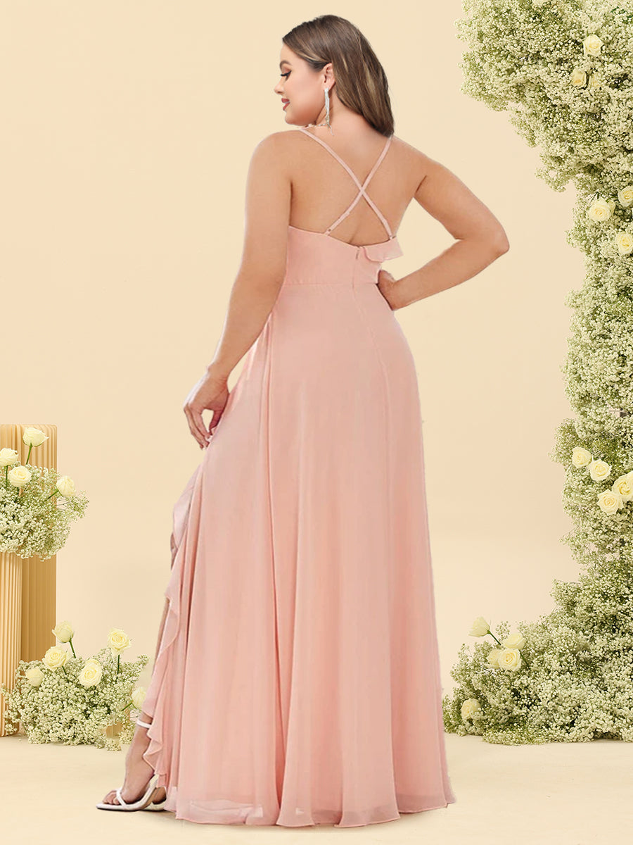 A-Line/Princess Spaghetti Straps Split Side Plus Size Bridesmaid Dresses With Ruffles