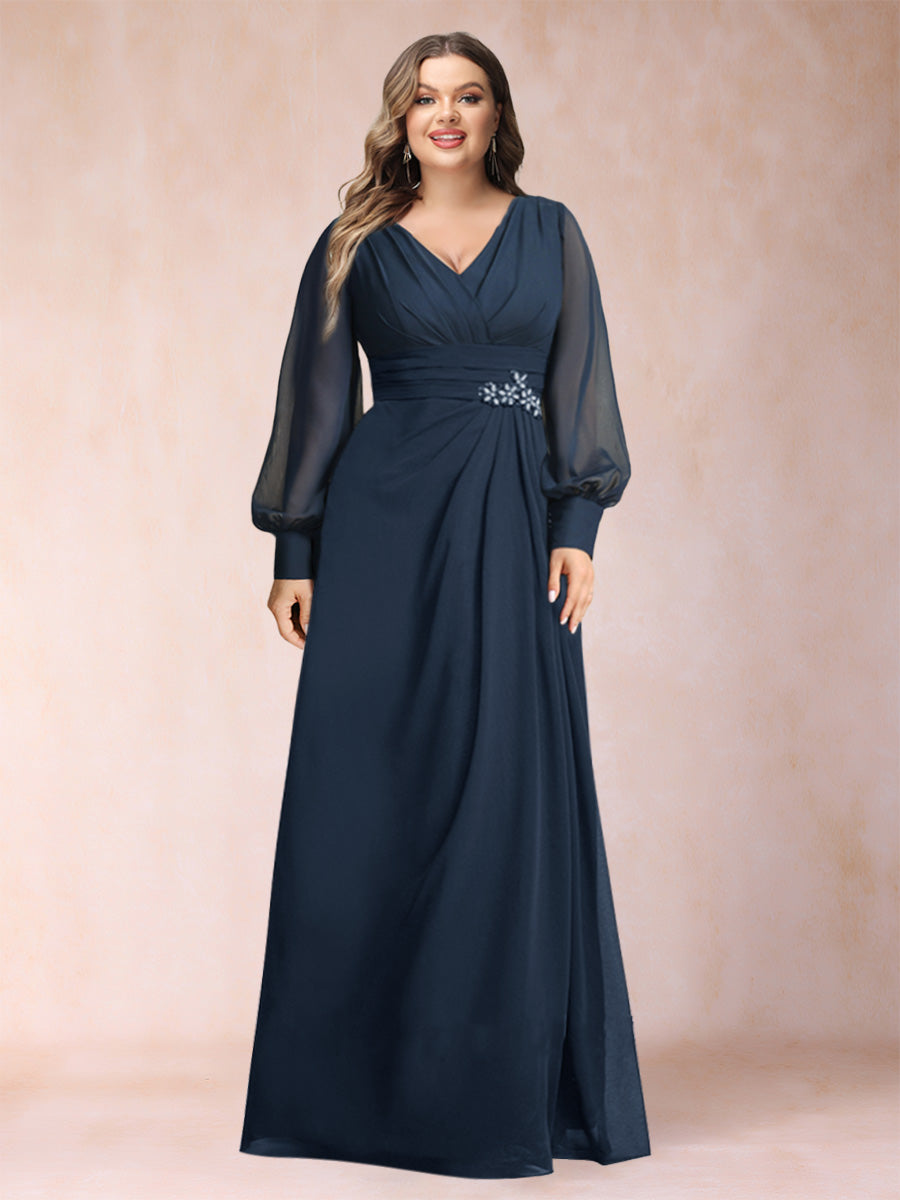 A-Line/Princess Long Sleeves V-Neck Plus Size Mother of the Bride Dresses