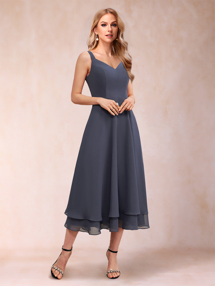 A-Line/Princess Tea-Length 3/4 Sleeves V-Neck Mother of the Bride Dresses