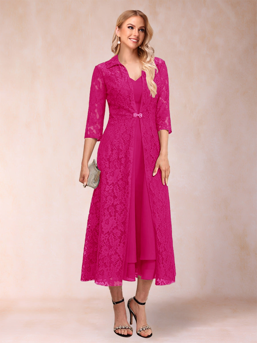 A-Line/Princess Tea-Length 3/4 Sleeves V-Neck Mother of the Bride Dresses