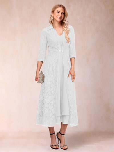 A-Line/Princess Tea-Length 3/4 Sleeves V-Neck Mother of the Bride Dresses