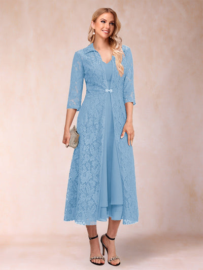 A-Line/Princess Tea-Length 3/4 Sleeves V-Neck Mother of the Bride Dresses