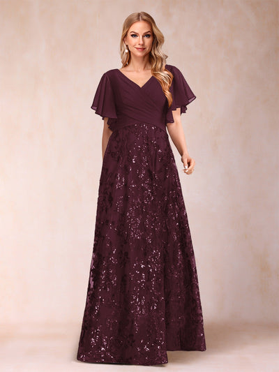 A-Line/Princess Floor-Length Short Sleeves V-Neck Mother of the Bride Dresses