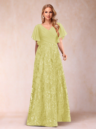 A-Line/Princess Floor-Length Short Sleeves V-Neck Mother of the Bride Dresses