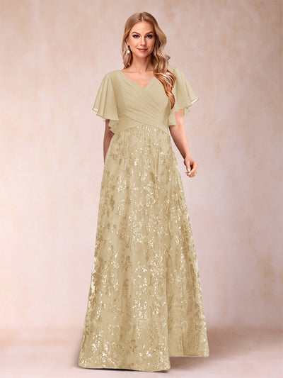 A-Line/Princess Floor-Length Short Sleeves V-Neck Mother of the Bride Dresses