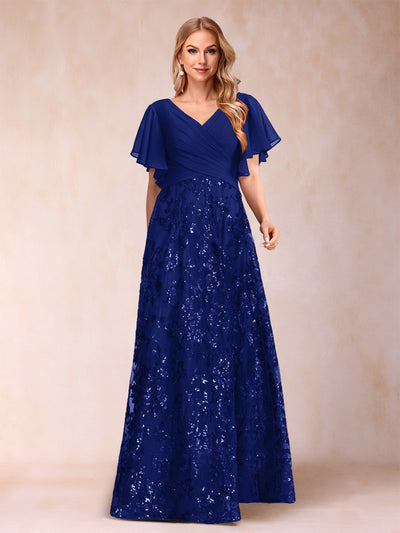 A-Line/Princess Floor-Length Short Sleeves V-Neck Mother of the Bride Dresses