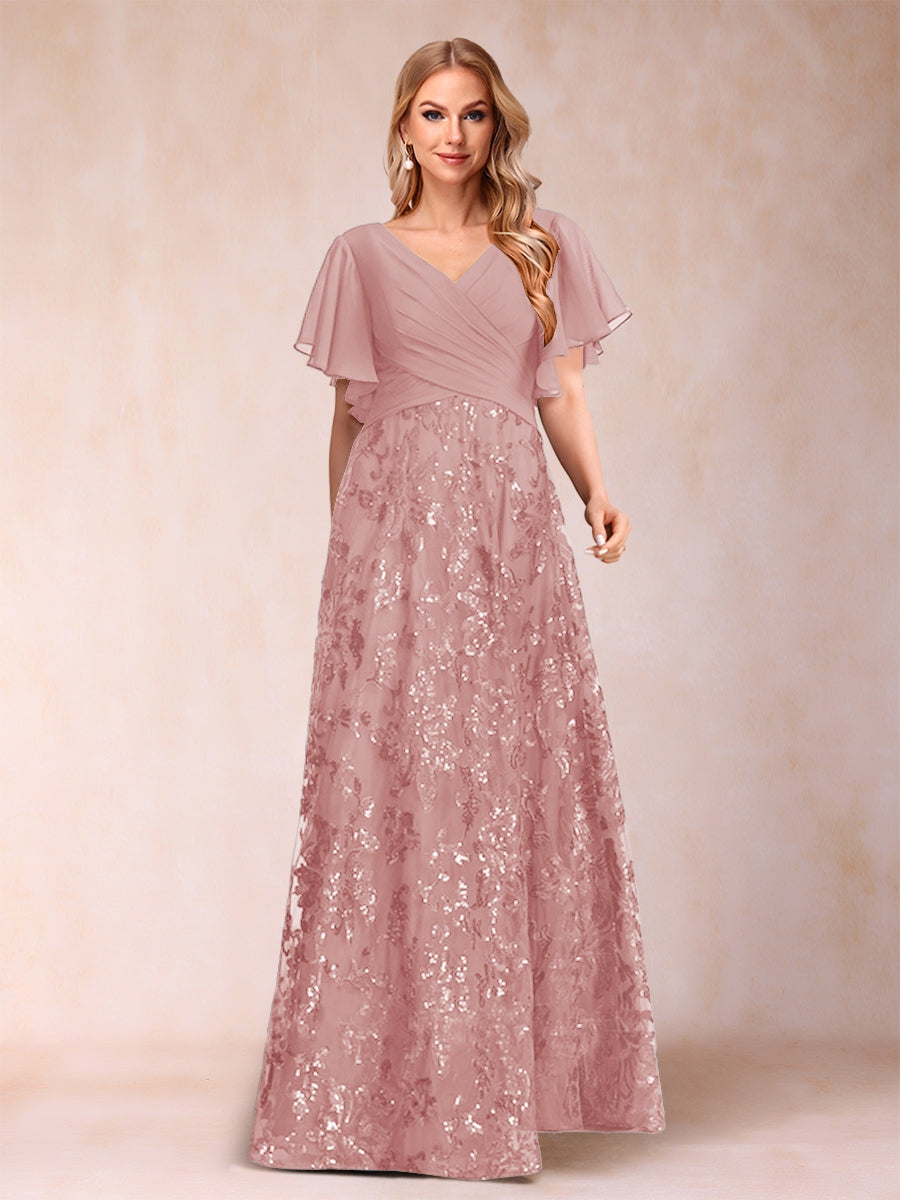 A-Line/Princess Floor-Length Short Sleeves V-Neck Mother of the Bride Dresses