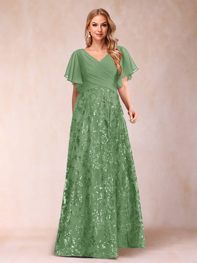 A-Line/Princess Floor-Length Short Sleeves V-Neck Mother of the Bride Dresses