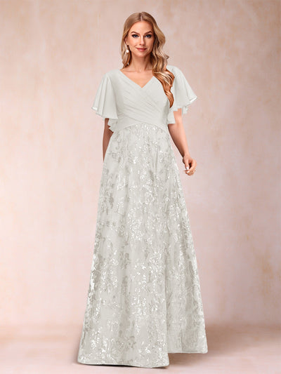 A-Line/Princess Floor-Length Short Sleeves V-Neck Mother of the Bride Dresses