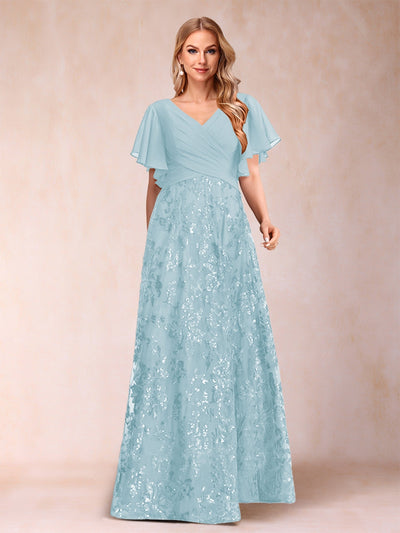 A-Line/Princess Floor-Length Short Sleeves V-Neck Mother of the Bride Dresses