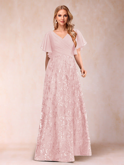 A-Line/Princess Floor-Length Short Sleeves V-Neck Mother of the Bride Dresses