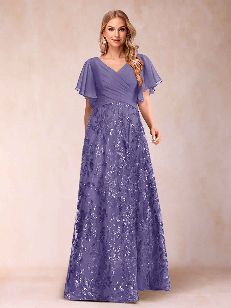 A-Line/Princess Floor-Length Short Sleeves V-Neck Mother of the Bride Dresses