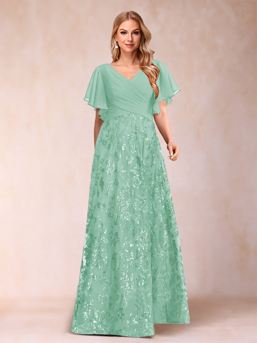 A-Line/Princess Floor-Length Short Sleeves V-Neck Mother of the Bride Dresses