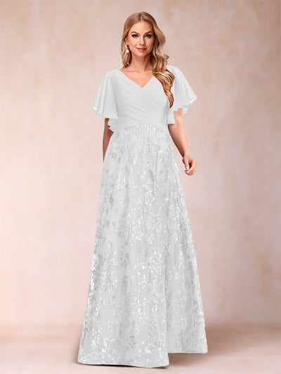 A-Line/Princess Floor-Length Short Sleeves V-Neck Mother of the Bride Dresses