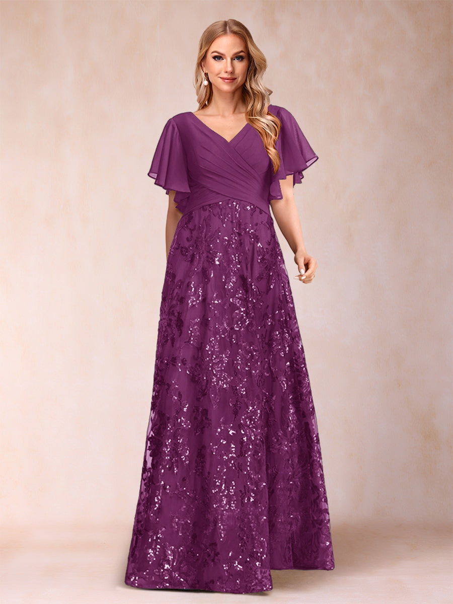 A-Line/Princess Floor-Length Short Sleeves V-Neck Mother of the Bride Dresses