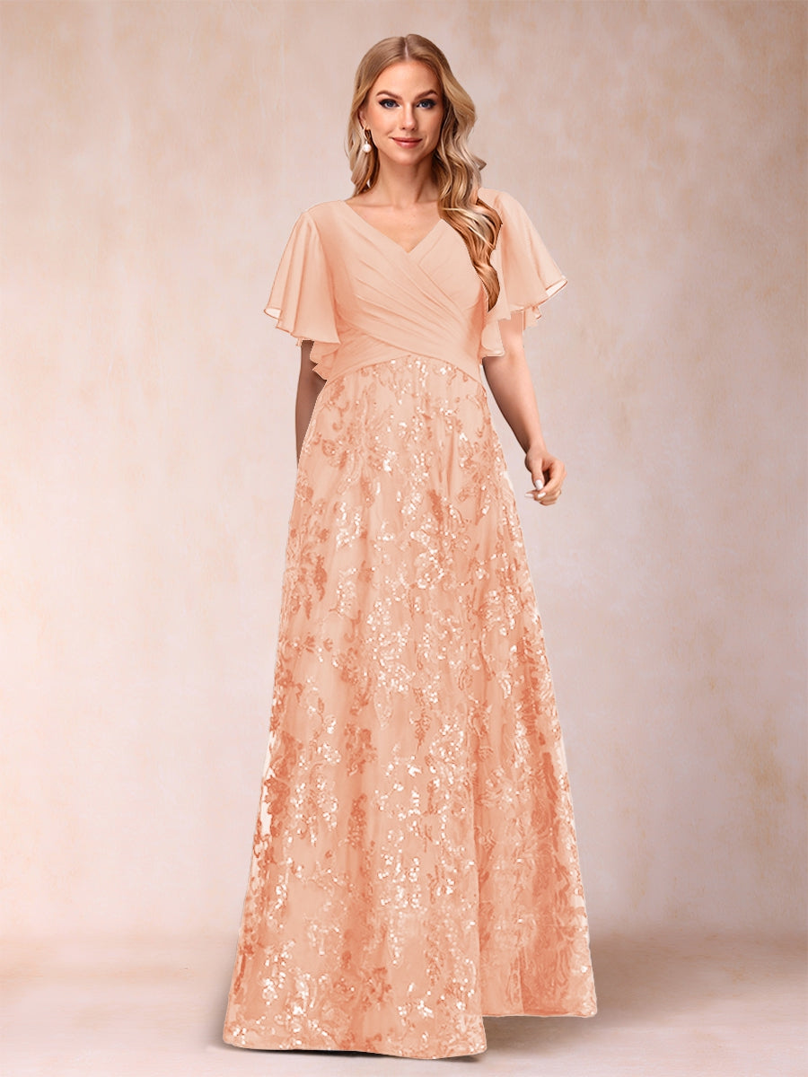 A-Line/Princess Floor-Length Short Sleeves V-Neck Mother of the Bride Dresses