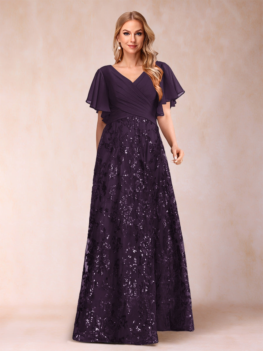 A-Line/Princess Floor-Length Short Sleeves V-Neck Mother of the Bride Dresses