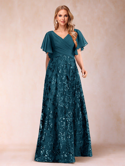 A-Line/Princess Floor-Length Short Sleeves V-Neck Mother of the Bride Dresses