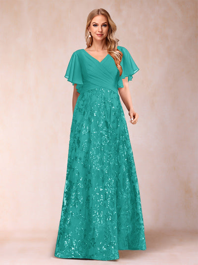 A-Line/Princess Floor-Length Short Sleeves V-Neck Mother of the Bride Dresses