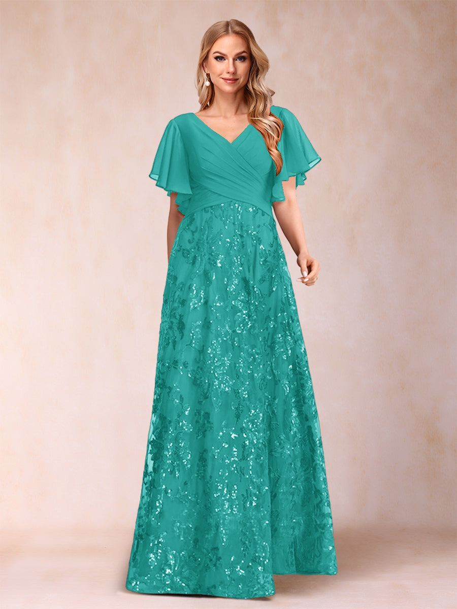 A-Line/Princess Floor-Length Short Sleeves V-Neck Mother of the Bride Dresses