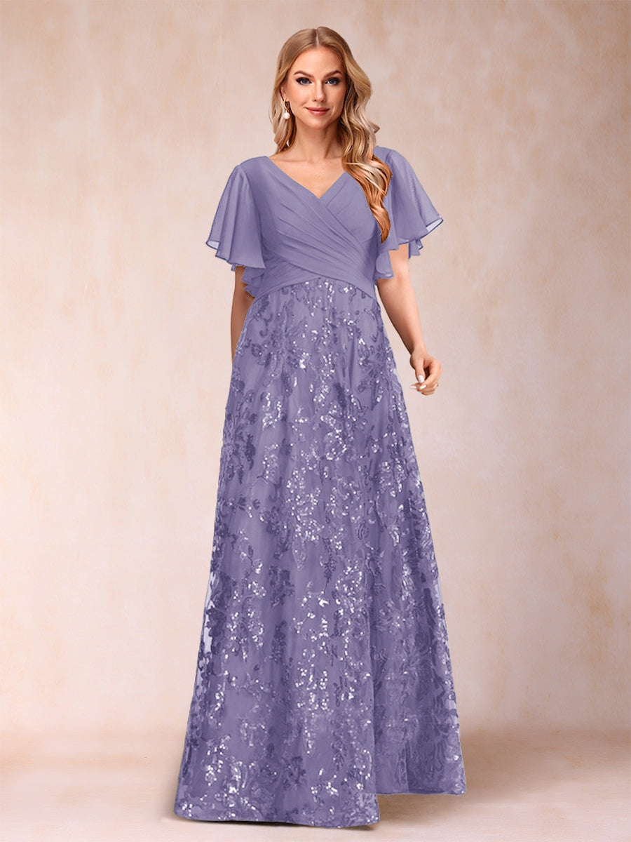 A-Line/Princess Floor-Length Short Sleeves V-Neck Mother of the Bride Dresses