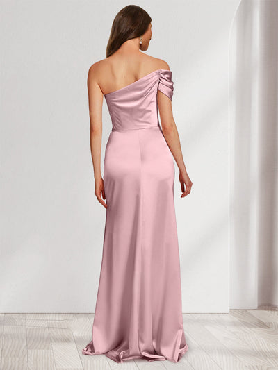 Sheath/Column Off-the-Shoulder Floor-Length Ruched Bridesmaid Dresses With Split Side