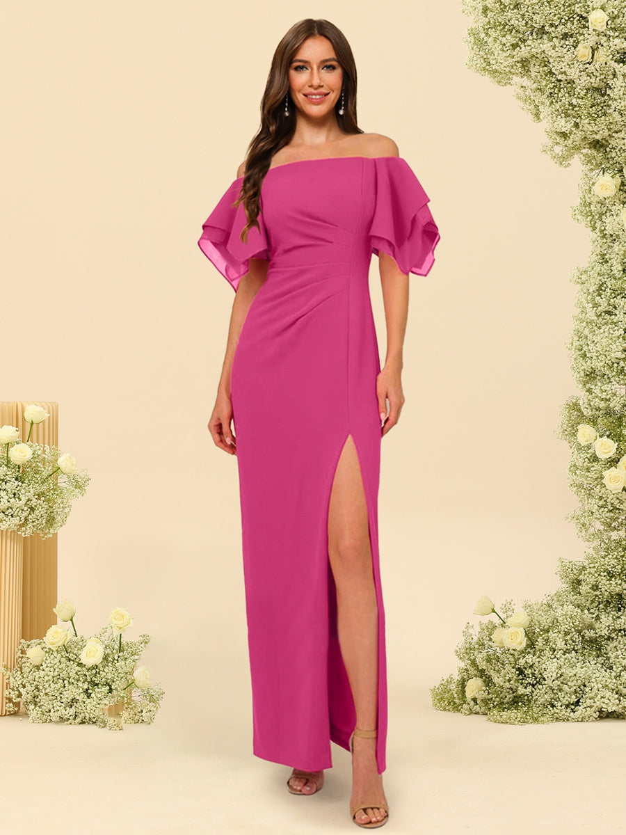 Sheath/Column Off-the-Shoulder Short Sleeves Ankle-Length Chiffon Bridesmaid Dresses with Split Side