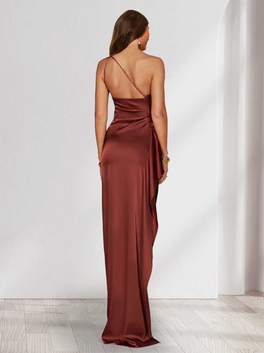 Sheath/Column One-Shoulder Sleeveless Floor-Length Bridesmaid Dresses with Split Side