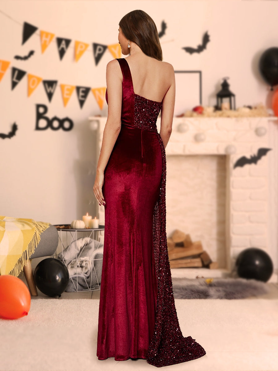 Sheath/Column One-Shoulder Floor-Length Velvet Halloween Dresses with Sequins & Split Side