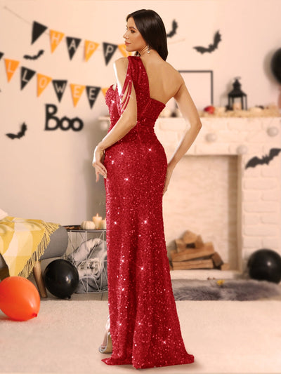 Sheath/Column One-Shoulder Floor-Length Ruched Halloween Dresses with Sequins & Split Side