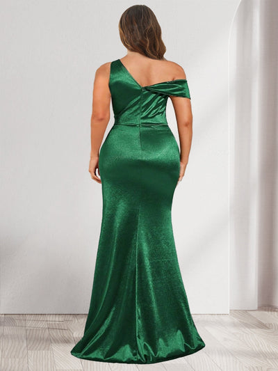 Sheath/Column V-Neck Sleeveless Floor-Length Ruched Satin Plus Size Bridesmaid Dresses with Split Side