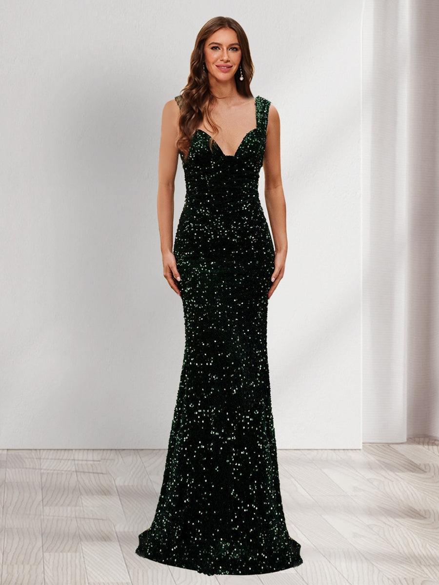 Sheath/Column V-Neck Floor-Length Elegant Evening Dresses with Sequins