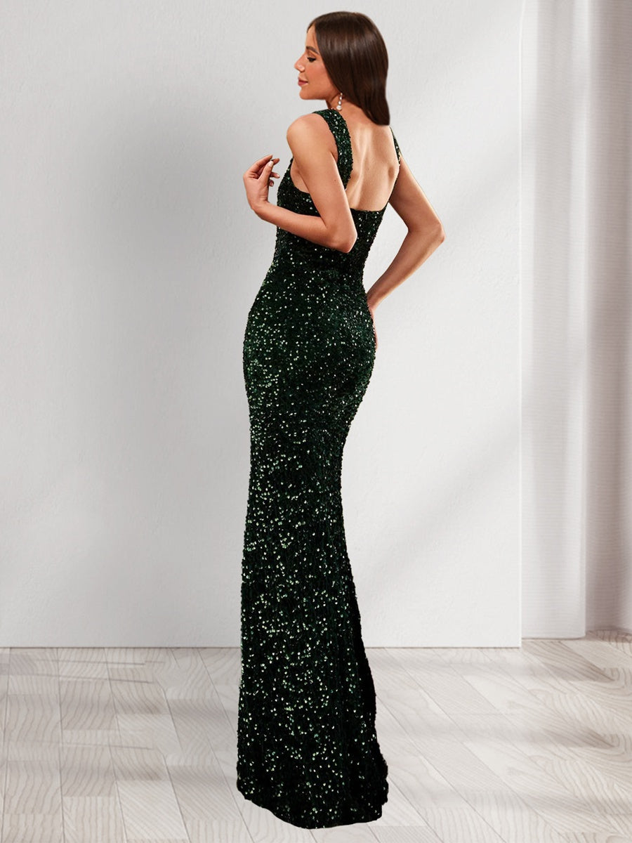 Sheath/Column V-Neck Floor-Length Elegant Evening Dresses with Sequins