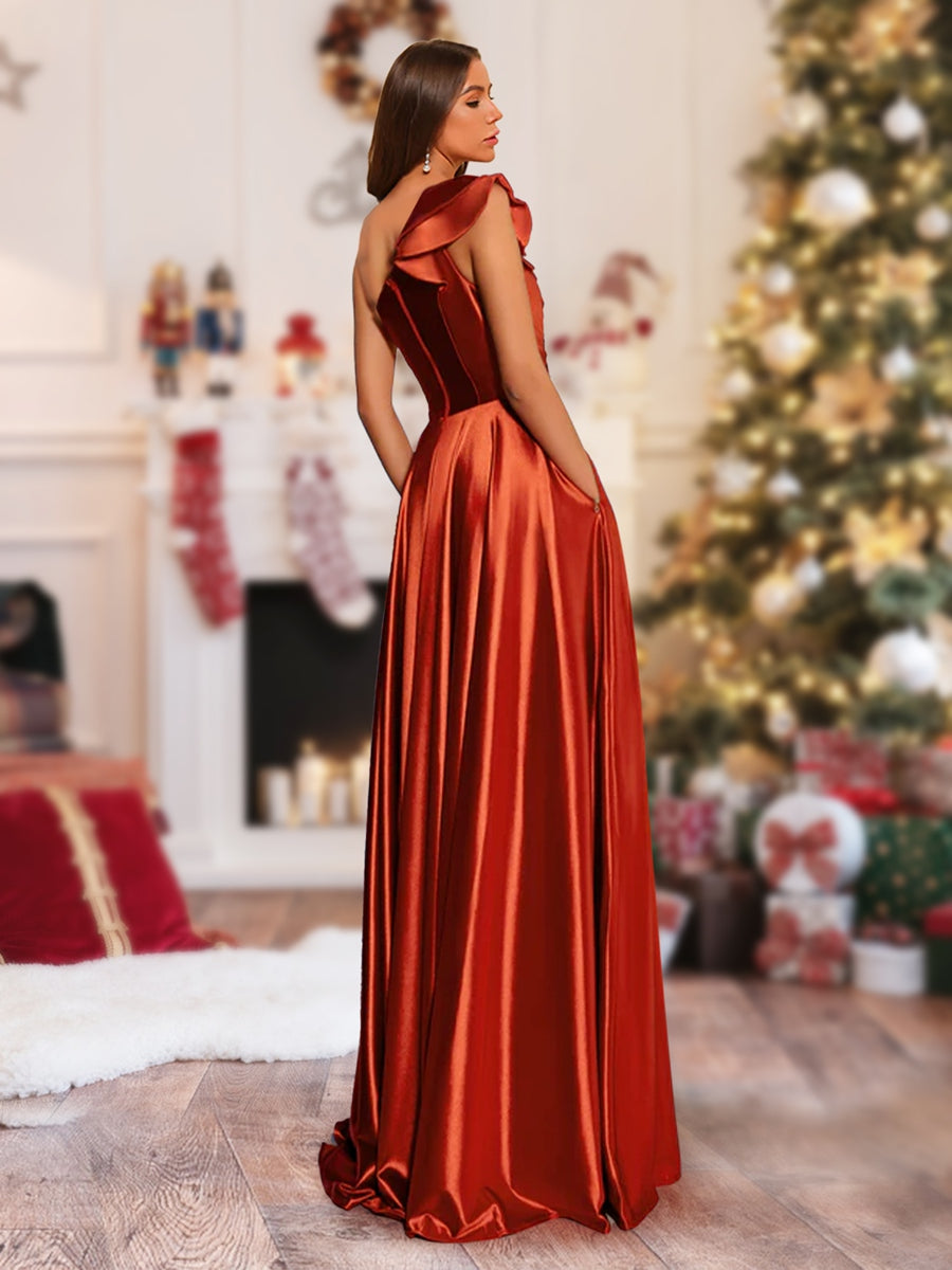 A-Line/Princess One-Shoulder Sleeveless Floor-Length Ruched Christmas Dresses with Side Slit